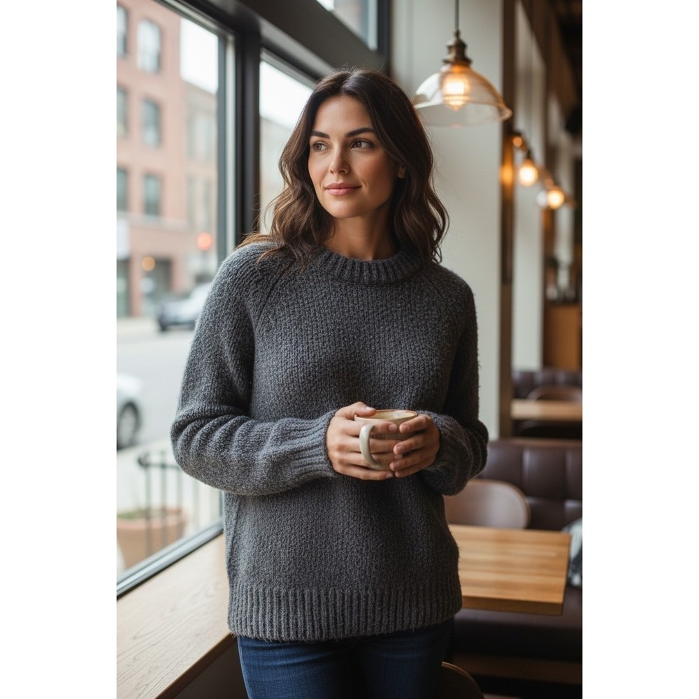 GAP XS Grey Cotton Merino Wool Blend Chunky Knit Raglan Crewneck Sweater Preppy